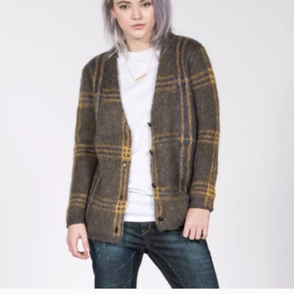 J.O.A. Los Angeles Gray Plaid Cardigan Sweater Wool Mohair Fuzzy Preppy Small - Picture 1 of 16